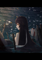 Rule 34 | 1girl, absurdres, azur lane, back, bad id, bad pixiv id, black hair, breasts, brown eyes, floating hair, highres, kazenoko-, letterboxed, light, long hair, looking at viewer, looking back, medium breasts, night, nude, ocean, partially submerged, shipwreck, solo, sparks, takao (azur lane), upper body, very long hair, water