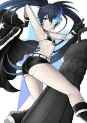 Rule 34 | 1girl, absurdres, armpits, ass, belt, belt buckle, bikini, bikini top only, black bikini, black coat, black collar, black footwear, black gloves, black hair, black ribbon, black rock shooter, black rock shooter: dawn fall, black rock shooter (character), black shorts, blue eyes, buckle, closed mouth, coat, collar, flaming eyes, flat chest, floating hair, front-tie bikini top, front-tie top, gloves, groin, hair between eyes, highres, holding, holding clothes, holding coat, long hair, micro shorts, midriff, navel, ribbon, scar, shorts, solo, soon (toruto98), stomach, swimsuit, twintails, very long hair, white belt