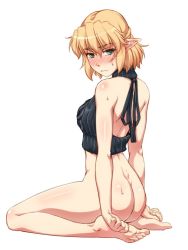 Rule 34 | 1girl, ass, back, backless outfit, bad id, bad twitter id, bare shoulders, barefoot, black sweater, blonde hair, blush, bottomless, closed mouth, commentary request, cropped sweater, feet, from behind, full body, green eyes, looking at viewer, mizuhashi parsee, ootsuki wataru, pointy ears, ribbed sweater, short hair, simple background, sitting, soles, solo, sweat, sweater, toes, touhou, turtleneck, turtleneck sweater, wariza, wavy mouth, white background