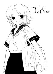 Rule 34 | 1girl, backpack, bad id, bad twitter id, bag, character name, commentary request, cookie (touhou), cowboy shot, daikon, greyscale, highres, joker (cookie), looking at viewer, miyako (naotsugu), mizuhashi parsee, monochrome, open mouth, parted bangs, pointy ears, radish, reu daikon, school bag, school uniform, serafuku, short hair, short sleeves, simple background, skirt, solid eyes, solo, touhou