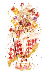 Rule 34 | 1girl, animal, animal on head, balloon, bird, bow, bowtie, cane, cape, checkered bow, checkered bowtie, checkered cape, checkered clothes, chicken, confetti, dress, eko (ecology), epaulettes, frilled gloves, frilled skirt, frills, full body, gloves, hat, heart, heart on cheek, holding, holding cane, long hair, mini hat, mini top hat, on head, original, painting (medium), parted lips, platform, puffy short sleeves, puffy sleeves, red bow, red cape, red dress, short sleeves, single epaulette, skirt, solo, standing, star (symbol), top hat, traditional media, two-tone cape, watercolor (medium), white background, white cape, white gloves, white skirt, wrist bow