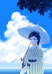 Rule 34 | 1girl, bad id, bad pixiv id, black hair, blue eyes, blue sky, closed mouth, cloud, commentary request, highres, holding, holding umbrella, japanese clothes, kimono, long sleeves, looking at viewer, md5 mismatch, mole, mole under eye, non porn, ocean, orange005, original, outdoors, parasol, resolution mismatch, scenery, sky, smile, solo, source smaller, striped clothes, striped kimono, summer, swept bangs, tree, umbrella, vertical-striped clothes, vertical-striped kimono, watermark, wide sleeves, yellow kimono