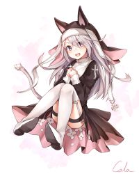 Rule 34 | + +, 1girl, absurdres, animal ears, black cola, black dress, blush, boots, cat tail, cross, dress, eyes visible through hair, fangs, floating, floating hair, floral print, garter belt, garter straps, girls&#039; frontline, glowing, head tilt, high heels, highres, holding, holding cross, jewelry, knees together feet apart, long hair, looking at viewer, maid headdress, necklace, nun, open mouth, own hands together, p7 (girls&#039; frontline), purple eyes, signature, simple background, smile, star (symbol), swept bangs, tail, thigh boots, thigh strap, thighhighs, thighs, white footwear, white hair, white tail, white thighhighs, zettai ryouiki