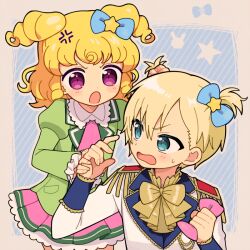 Rule 34 | 1girl, 5.5, anger vein, annoyed, avocado academy school uniform, blonde hair, blue bow, blue eyes, blush, borrowed accessory, bow, brother and sister, epaulettes, frilled skirt, frills, green jacket, hair bow, hairdressing, hand grab, hands up, idol time pripara, jacket, juliet sleeves, long hair, long sleeves, looking at another, open mouth, pink skirt, pleated skirt, pretty series, pripara, puffy sleeves, purple eyes, ringlets, school uniform, short hair, siblings, skirt, standing, sweatdrop, two side up, upper body, v-shaped eyebrows, white jacket, yumekawa shogo, yumekawa yui