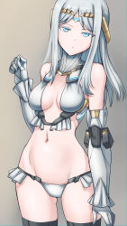 Rule 34 | 1girl, bare shoulders, bikini, blue eyes, breasts, cleavage, elbow gloves, fate/grand order, fate (series), galatea (fate), gloves, halterneck, highres, joints, long hair, looking at viewer, medium breasts, navel, open mouth, parted bangs, robot joints, shinsaku (stan-art), swimsuit, thighhighs, thighs, tiara, white bikini, white gloves, white hair, white thighhighs