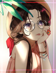 Rule 34 | 1girl, bare shoulders, black-framed eyewear, bracelet, brown hair, brown headwear, brown shirt, flower, glasses, hair over shoulder, hand on own cheek, hand on own face, hieung, jewelry, leaf, long hair, looking at viewer, original, parted bangs, purple eyes, red flower, ring, shirt, sleeveless, sleeveless shirt, solo, tongue, tongue out, upper body