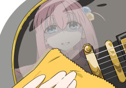 Rule 34 | 1girl, blue eyes, bocchi the rock!, cleaning, cube hair ornament, electric guitar, forced smile, gloom (expression), gotoh hitori, guitar, hair between eyes, hair ornament, highres, instrument, jacket, long hair, one side up, parted lips, pink hair, pink jacket, popura bijutu33, reflection, solo, track jacket