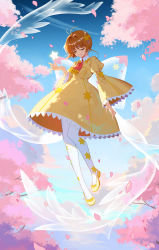 Rule 34 | 1girl, antenna hair, blue sky, bow, brown hair, cardcaptor sakura, cherry blossoms, closed eyes, collared dress, day, dress, duximeng, falling petals, floating, floating object, from side, full body, glowing, hair intakes, hair ornament, hand up, highres, kinomoto sakura, long sleeves, necktie, outdoors, pantyhose, petals, puffy sleeves, red necktie, shoes, short hair, sky, smile, solo, star (symbol), star hair ornament, star ornament, transparent, transparent wings, tree, white pantyhose, wide sleeves, yellow dress, yellow footwear
