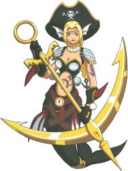 Rule 34 | 1girl, absurdres, anchor, armor, bicorne, black gloves, blonde hair, braid, braided ponytail, breasts, cleavage, clothing cutout, digimon, digimon (creature), digimon xros wars, full body, gloves, hat, helmet, highres, holding, holding weapon, horns, huge weapon, large breasts, lipstick, long hair, looking at viewer, makeup, mermaid, mermaimon, monster girl, navel, navel cutout, official art, pirate hat, scan, shiny skin, single braid, solo, thighhighs, toei animation, transparent background, twin braids, very long hair, weapon, wide hips, yellow eyes