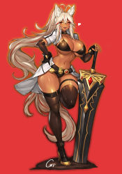 Rule 34 | 1girl, absurdres, animal ears, belt, black thighhighs, breasts, choker, cleavage, collar, commission, curvy, dark-skinned female, dark skin, elbow gloves, gloves, gurimjang, hand on own hip, heart, high heels, highres, huge weapon, jacket, knee up, large breasts, legs together, looking to the side, multicolored hair, navel, one eye closed, open clothes, open jacket, original, pixiv commission, planted, planted sword, planted weapon, revealing clothes, shiny skin, smile, solo, standing, standing on one leg, sword, tan, thick thighs, thigh strap, thighhighs, thighs, warrior, weapon, white hair, wide hips