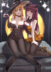 Rule 34 | 2girls, bare shoulders, black choker, black footwear, black gloves, black hairband, black headwear, black leotard, black pantyhose, blush, breasts, chinese commentary, choker, cleavage, closed mouth, collarbone, commentary, elbow gloves, english commentary, fingerless gloves, girls&#039; frontline, gloves, gold footwear, green eyes, hairband, halloween, hand around waist, hand on another&#039;s shoulder, hand up, hat, high heels, highres, kneeling, large breasts, large hat, leotard, long hair, mixed-language commentary, multiple girls, nail polish, orange hair, orange nails, pantyhose, parted lips, pink nails, popoman, purple eyes, purple hair, purple nails, smile, springfield (classic witch) (girls&#039; frontline), springfield (girls&#039; frontline), thighs, wa2000 (girls&#039; frontline), wa2000 (haunted castle) (girls&#039; frontline), witch hat