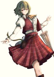 Rule 34 | 1girl, absurdres, ascot, belt, center frills, closed mouth, feet out of frame, frills, green hair, highres, juliet sleeves, kazami yuuka, long sleeves, looking at viewer, mesuosushi, plaid, plaid skirt, plaid vest, puffy sleeves, red eyes, red skirt, red vest, shirt, short hair, simple background, skirt, solo, touhou, umbrella, vest, white background, white shirt, yellow ascot