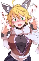Rule 34 | 1girl, ahoge, animal ear fluff, animal ears, black skirt, blonde hair, blush, brown shirt, claw pose, commentary request, ear blush, fake animal ears, furorina, green eyes, hair between eyes, hands up, highres, long sleeves, looking at viewer, mizuhashi parsee, nose blush, open mouth, pointy ears, sash, scarf, shirt, short hair, simple background, skirt, solo, speech bubble, touhou, translation request, upper body, white background, white sash, white scarf, wolf ears