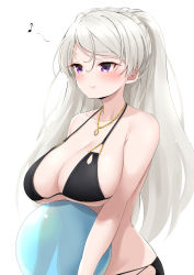 Rule 34 | 1girl, ball, beachball, bikini, black bikini, breasts, conte di cavour (kancolle), hair between eyes, highres, holding, holding ball, jewelry, kantai collection, large breasts, musical note, necklace, purple eyes, simple background, solo, swimsuit, takomeshi, white background