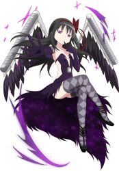 Rule 34 | 10s, 1girl, akemi homura, akuma homura, argyle, argyle clothes, argyle legwear, bare shoulders, black dress, black feathers, black gloves, black hair, bow, choker, dress, elbow gloves, feathered wings, feathers, female focus, finger to mouth, full body, gloves, hair bow, high heels, kaden shoujo, long hair, mahou shoujo madoka magica, mahou shoujo madoka magica: hangyaku no monogatari, official art, outstretched hand, purple eyes, ribbon, simple background, solo, spoilers, thighhighs, transparent background, white background, wings