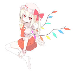 Rule 34 | 1girl, ascot, blonde hair, bow, female focus, flandre scarlet, hair bow, hat, looking back, mob cap, oouso, red eyes, short hair, side ponytail, simple background, skirt, skirt set, solo, thighhighs, touhou, white background, white hat, white thighhighs, wings, wrist cuffs