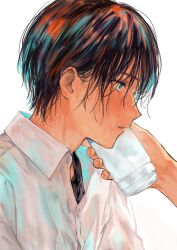 Rule 34 | 1boy, 1other, absurdres, asawa (dm owr), black hair, blue eyes, blush, bottle, bottle to cheek, collared shirt, from side, highres, holding, holding bottle, looking ahead, male focus, original, parted lips, portrait, shirt, short hair, simple background, solo focus, summer, sweatdrop, wet, wet hair, white shirt