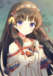 Rule 34 | 1girl, absurdres, aiyan, atelier (series), atelier shallie, bare shoulders, black hair, blunt bangs, blush, closed mouth, dress, hair ribbon, hairband, highres, holding, jewelry, long hair, looking at viewer, necklace, purple eyes, ribbon, shallistera (atelier), solo, upper body