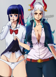Rule 34 | 1boy, 1girl, absurdres, artist name, belt, black hair, blue eyes, blunt bangs, blush, breasts, cleavage, clothes lift, collarbone, gradient hair, green hair, highres, horns, huge breasts, jacket, kikunojo (one piece), lipstick, long hair, long sleeves, looking at viewer, makeup, multicolored hair, musaed art, one piece, oni horns, panties, pants, ponytail, shirt, simple background, skirt, skirt lift, smile, thick thighs, thighhighs, thighs, trap, underwear, white hair, white panties, white shirt, wide hips, yamato (one piece), yellow eyes