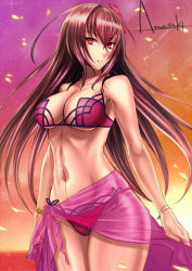 Rule 34 | 1girl, amasaki yusuke, bare shoulders, bikini, breasts, brown hair, cleavage, fate/grand order, fate (series), large breasts, long hair, navel, parted lips, purple hair, red eyes, sarong, scathach (fate), scathach (fate), scathach (swimsuit assassin) (fate), signature, solo, standing, sunset, swimsuit, underboob