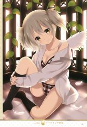 Rule 34 | 1girl, absurdres, artist name, black socks, bra, breasts, brown eyes, brown hair, cleavage, collarbone, dress shirt, feathers, head tilt, highres, kneehighs, koi (koisan), long legs, looking at viewer, off shoulder, open clothes, open shirt, original, own hands clasped, own hands together, page number, panties, plaid, plaid bra, plaid panties, plant, scan, shirt, short hair, short twintails, sitting, sleeves past wrists, smile, socks, solo, twintails, underwear, vines, white wings, wings