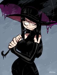 Rule 34 | 1girl, black dress, black hair, black hat, black umbrella, blue background, breasts, closed mouth, contrapposto, cowboy shot, detached sleeves, dress, hands up, hat, highres, holding, holding umbrella, jitome, large breasts, long dress, long hair, long sleeves, looking at viewer, multicolored hair, noss (rariatto), original, rariatto (ganguri), ribbed dress, sanpaku, sleeves past fingers, sleeves past wrists, smile, solo, standing, streaked hair, twitter username, two-tone hair, umbrella, wavy mouth, white hair