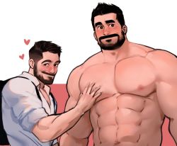 Rule 34 | 2boys, abs, bara, beard, blush, dopey (dopq), facial hair, grabbing, groping, heart, highres, large pectorals, male focus, mature male, meme, multiple boys, muscular, muscular male, mustache, nipples, nude, original, parody, pectoral grab, pectoral grab (meme), pectorals, shirt, short hair, size difference, stomach, thick eyebrows, upper body, white shirt, yaoi