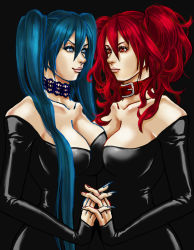 Rule 34 | 2girls, bare shoulders, black dress, breast press, breasts, choker, cleavage, collar, dress, green eyes, green hair, himezono reiko, himezono riruka, interlocked fingers, large breasts, lips, long hair, miso-234, multiple girls, nail polish, red eyes, red hair, siblings, sisters, strapless, strapless dress, symmetrical docking, twins, twintails, very long hair, zombie-ya reiko