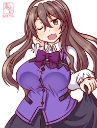 Rule 34 | 1girl, artist logo, ashigara (kancolle), breasts, brown eyes, brown hair, collared shirt, cosplay, fang, gochuumon wa usagi desu ka?, hairband, holding, holding clothes, holding skirt, kanon (kurogane knights), kantai collection, large breasts, long hair, one-hour drawing challenge, one eye closed, open mouth, rabbit house uniform, shirt, simple background, skirt, smile, solo, tedeza rize, tedeza rize (cosplay), upper body, vest, wavy hair, white background, white hairband, white shirt