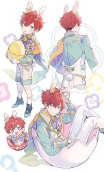 Rule 34 | 4boys, :o, aged down, amagi hiiro, animal ears, aqua eyes, back, bow, bowtie, butterfly hair ornament, buttons, closed mouth, collared shirt, commentary, cowboy shot, egg, ensemble stars!, flower, full body, gloves, hair ornament, holding, holding egg, long sleeves, multiple boys, official alternate costume, open mouth, pants, rabbit ears, rabbit tail, red hair, seuga, shirt, short hair, shorts, socks, standing, symbol-only commentary, tail, white background, white gloves, white pants