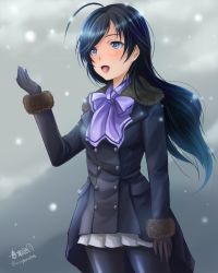 Rule 34 | 10s, 1girl, ahoge, artist name, bad id, bad twitter id, black coat, black eyes, black gloves, black hair, black pantyhose, blue bow, bow, casual, coat, cowboy shot, girls und panzer, gloves, haruhata mutsuki, isuzu hana, long hair, long sleeves, looking to the side, miniskirt, open mouth, pantyhose, signature, skirt, smile, solo, standing, twitter username, white skirt, wind, winter clothes