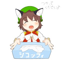 Rule 34 | 1girl, animal ears, bow, brown hair, cat ears, chen, chinese clothes, closed eyes, fangs, giving, hat, mob cap, simple background, solo, tissue box, torque, touhou, white background