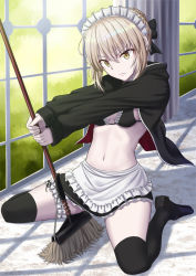 Rule 34 | 1girl, apron, artoria pendragon (all), artoria pendragon (alter swimsuit rider) (fate), artoria pendragon (alter swimsuit rider) (second ascension) (fate), artoria pendragon (fate), bikini, black bow, black bra, black footwear, black jacket, black skirt, black thighhighs, blonde hair, bow, bra, breasts, bridal garter, broom, cleavage, day, fate/grand order, fate (series), frilled apron, frilled bra, frilled skirt, frills, hair between eyes, hair bow, holding, holding broom, indoors, jacket, looking at viewer, maid, maid bikini, maid headdress, midriff, miniskirt, mizunashi hayate, navel, open clothes, open jacket, saber alter, short hair, sideboob, sitting, skirt, small breasts, solo, stomach, swimsuit, thighhighs, unconventional maid, underwear, white apron, window, yellow eyes