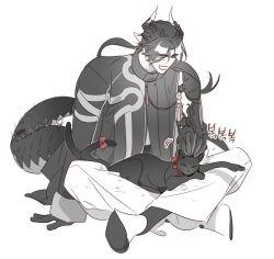 Rule 34 | 1boy, animal, animal on lap, arknights, armor, cat, chong yue (arknights), closed eyes, coat, commentary request, dragon boy, dragon horns, dragon tail, earrings, facing animal, full body, greyscale, hand up, horns, indian style, jewelry, jjeobjjeobdogta (wjqwjqehrxk), korean commentary, long hair, long sleeves, low ponytail, male focus, monochrome, multicolored hair, on lap, open mouth, pauldrons, petting, pointy ears, rerebrace, shedding, shedding fur, shoes, shoulder armor, simple background, single sleeve, sitting, streaked hair, tail, white background, wide sleeves