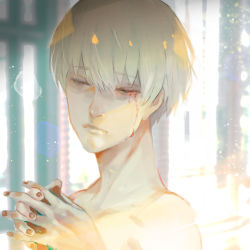 Rule 34 | 1boy, blood, bloody tears, blurry, blurry background, brown nails, closed eyes, closed mouth, commentary request, hands up, interlocked fingers, kaneki ken, kyuuba melo, male focus, nail polish, own hands together, portrait, short hair, solo, tokyo ghoul