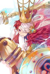 Rule 34 | 1girl, armor, cape, chromatic aberration, clenched teeth, crown, frilled shirt, frills, fur cape, gold armor, gold crown, hair over one eye, highres, holding, holding polearm, holding weapon, jyukawa, lance, long hair, looking at viewer, multicolored hair, one piece, polearm, purple eyes, red cape, red hair, shield, shirt, solo, split-color hair, teeth, two-tone hair, uta (one piece), weapon, white hair, white shirt