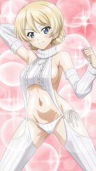 1girl blonde_hair blue_eyes braid braided_bun breasts commentary_request cowboy_shot darjeeling_(girls_und_panzer) detached_sleeves girls_und_panzer gluteal_fold hair_bun hands_up highres looking_at_viewer meme_attire navel panties riokasen side-tie_panties sideboob simple_background sleeves_past_wrists smile solo sparkle turtleneck underwear virgin_destroyer_sweater white_panties