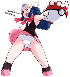 Rule 34 | 1girl, bad id, bad pixiv id, beanie, black thighhighs, blue eyes, blue hair, boots, creatures (company), dawn (pokemon), game freak, hat, holding, holding poke ball, kotomozou, looking at viewer, matching hair/eyes, nintendo, one eye closed, panties, pantyshot, pink footwear, poke ball, poke ball (basic), pokemon, socks, solo, thighhighs, translation request, underwear, upskirt, white hat, white panties, wink