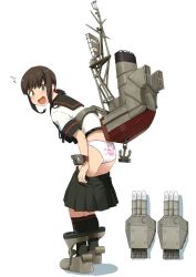 Rule 34 | 1girl, anchor, anchor symbol, animal print, ass, black legwear, blush, boots, brown hair, clothes pull, commentary request, from behind, fubuki (kancolle), fubuki kai ni (kancolle), full body, green eyes, kantai collection, kozou (rifa), looking back, looking to the side, low ponytail, machinery, open mouth, panties, pleated skirt, ponytail, print panties, rabbit print, sailor collar, school uniform, serafuku, short ponytail, short sleeves, simple background, skirt, skirt pull, smokestack, solo, standing, tears, underwear, undressing, white background, white panties