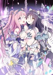 Rule 34 | 2girls, akusema, animal ears, asymmetrical docking, blush, bow, breast press, breasts, cleavage, detached sleeves, elf, gauntlets, hair rings, hairband, hatsune (princess connect!), highres, large breasts, long hair, looking up, medium breasts, multiple girls, navel, official alternate costume, one eye closed, open mouth, pink hair, pointy ears, princess connect!, purple eyes, purple hair, revealing clothes, shiori (princess connect!), siblings, sisters, staff, thighhighs, tiger ears, tiger girl, torn clothes, torn legwear, yellow eyes