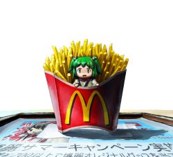 Rule 34 | 1girl, bad id, bad pixiv id, female focus, food, french fries, futsuu, green eyes, green hair, hair bobbles, hair ornament, hakurei reimu, highres, kisume, long sleeves, looking at viewer, matching hair/eyes, mcdonald&#039;s, napkin, open mouth, short hair, simple background, solo, touhou, twintails, white background