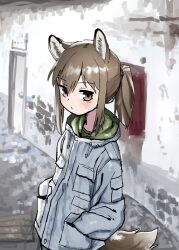 Rule 34 | 1girl, :&lt;, absurdres, animal ears, brown eyes, brown hair, fox ears, fox girl, fox girl (yihan1949), fox tail, hands in pockets, highres, jacket, original, ponytail, solo, standing, tail, winter clothes, yihan1949