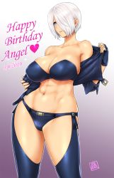 Rule 34 | 1girl, abs, angel (kof), birthday, bra, breasts, chaps, cleavage, cropped jacket, dated, fingerless gloves, gloves, gradient background, hair over one eye, highres, jacket, large breasts, leather, midriff, navel, panties, signature, snk, solo, st.germain-sal, strapless, strapless bra, the king of fighters, toned, underwear, white hair