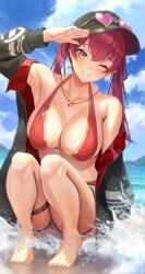 Rule 34 | 1girl, absurdres, arm up, armpits, barefoot, beach, bikini, black hat, black jacket, blue sky, breasts, cloud, commentary request, day, feet, hat, heart, heart-shaped eyewear, heart necklace, highres, hololive, houshou marine, houshou marine (summer), jacket, jewelry, kobayashi (jna x rgh), large breasts, legs, long hair, looking at viewer, necklace, one eye closed, open clothes, open jacket, outdoors, red bikini, red hair, shorts, sitting, sky, smile, solo, sunglasses, swimsuit, toenails, toes, track jacket, twintails, virtual youtuber, water, white shorts, yellow eyes