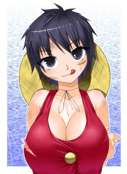 Rule 34 | 1girl, :q, arms behind back, black eyes, black hair, breasts, cleavage, female focus, genderswap, genderswap (mtf), gradient background, hat, highres, large breasts, luffy female, luffyko, monkey d. luffy, one piece, scar, short hair, solo, straw hat, takeoutservice, tongue, tongue out, torn clothes