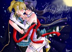 Rule 34 | 2girls, arm around shoulder, arm around waist, ayase eli, bare shoulders, blonde hair, blue eyes, blush, crossdressing, dated, e len, elbow gloves, full moon, gloves, happy birthday, high heels, high ponytail, leg up, long hair, looking at another, love live!, love live! school idol festival, love live! school idol project, low twintails, moon, multiple girls, necktie, ponytail, purple hair, signature, smile, tiara, tojo nozomi, twintails, wedding, yuri