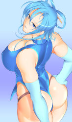 Rule 34 | 1girl, aged up, ass, bare shoulders, blue eyes, blue hair, bowalia, breasts, cleavage, elbow gloves, gloves, hair ornament, hand on own ass, huge breasts, kaku seiga, leotard, lipstick, looking at viewer, looking back, makeup, matching hair/eyes, muscular, muscular female, short hair, smile, solo, thong leotard, toned, touhou