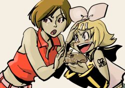 Rule 34 | 2girls, animal, arm tattoo, belt, black sailor collar, blonde hair, blue eyes, blush, blush stickers, brown hair, collared shirt, crop top, detached sleeves, frog, hair ornament, hairclip, hand on another&#039;s head, holding, holding animal, kagamine rin, looking to the side, meiko (vocaloid), midriff, multiple girls, nippori honsha, nose blush, pink belt, red eyes, red nails, red shirt, sailor collar, shirt, short hair, sleeveless, sleeveless shirt, tattoo, teeth, triangle print, upper teeth only, vocaloid, white shirt, yellow belt, yellow nails, yellow trim