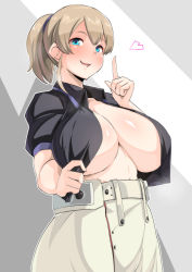 Rule 34 | 1girl, belt, black shirt, blue eyes, blush, breasts, brown hair, cleavage, clothes pull, collared shirt, commentary, hair between eyes, hair ribbon, heart, highres, huge breasts, index finger raised, intrepid (kancolle), kantai collection, konoshige (ryuun), looking at viewer, no bra, open clothes, open mouth, open shirt, ponytail, ribbon, shirt, shirt pull, short hair, short sleeves, sidelocks, skirt, smile, solo, standing, underboob