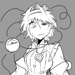 Rule 34 | 1girl, 3rdeye suki, commentary request, grey background, greyscale, hair between eyes, hair intakes, hairband, heart, highres, komeiji satori, looking at viewer, monochrome, simple background, solo, sweat, third eye, touhou, upper body